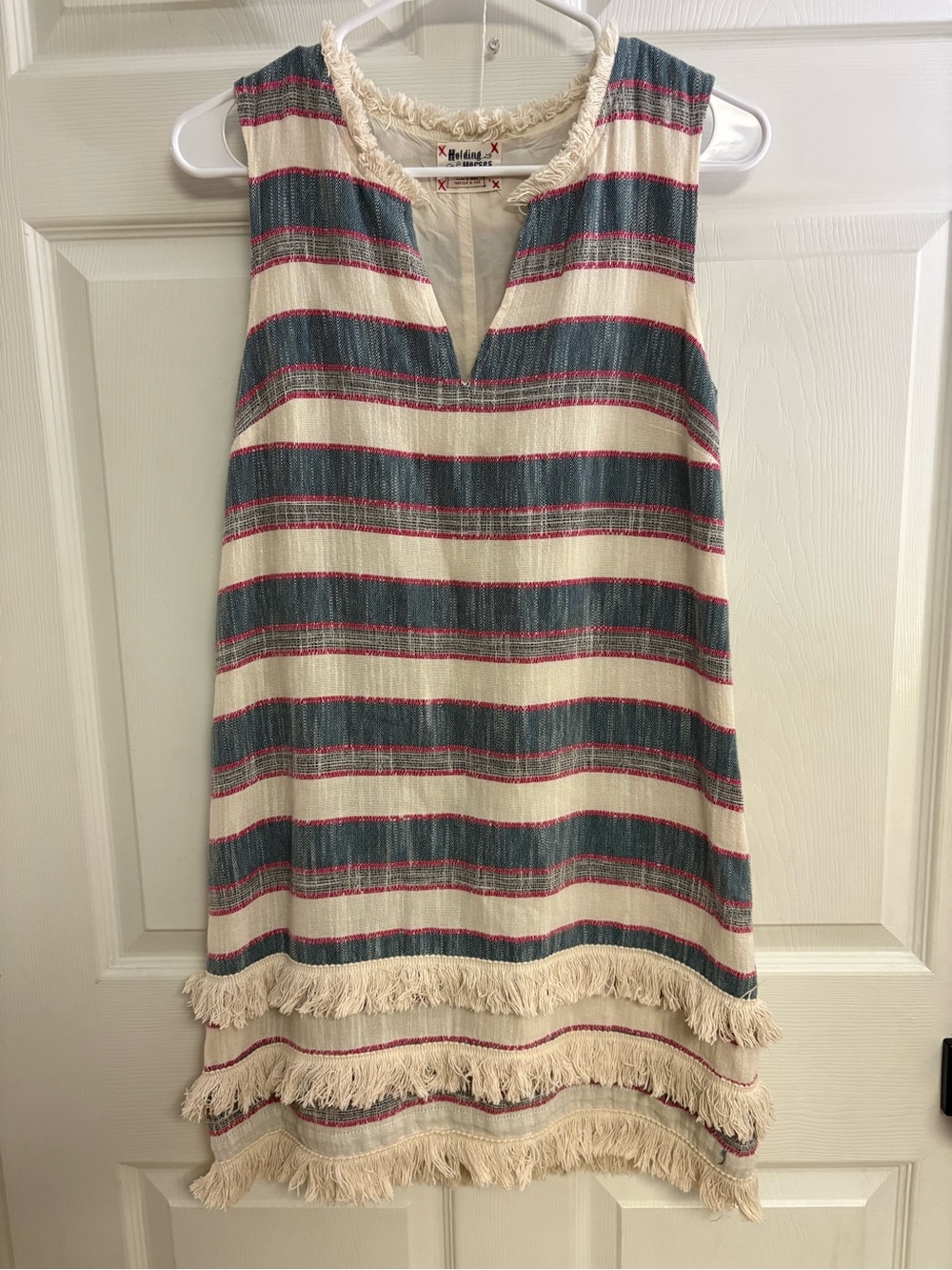 HOLDING HORSES Cream Dress with Blue and Pink Stripes
